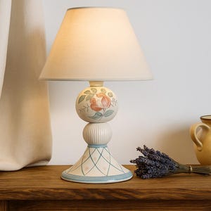 Hand Painted Swedish Ceramic Lamp – Folk Art Style Table Light – Vintage Scandinavian Pottery