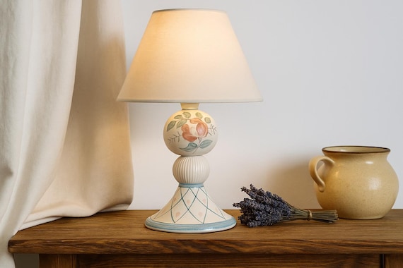 Hand Painted Swedish Ceramic Lamp – Folk Art Style Table Light – Vintage Scandinavian Pottery