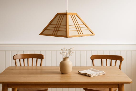 Vintage IKEA Pendant Lamp – 1980s 1990s Wood & Fabric Ceiling Light – Scandinavian Pyramid Shape – Rare Collectible