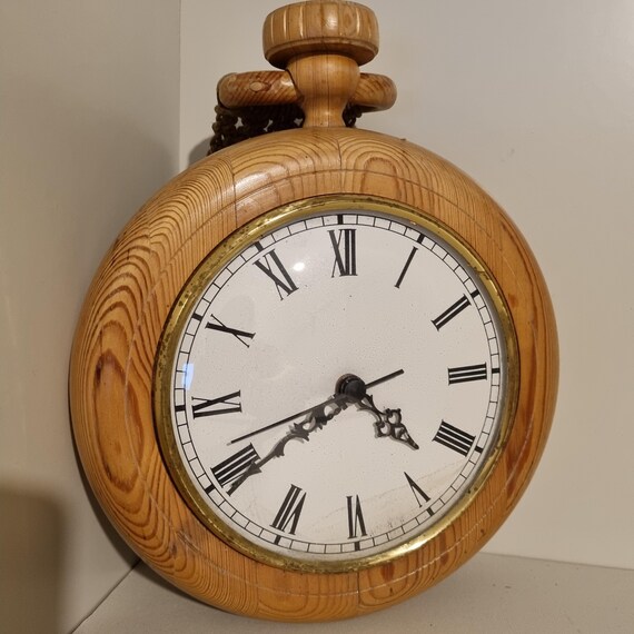 Wooden Wall Clock - Handmade Rustic Decor with Macrame Hanger, 1970s Scandinavian Home Decor, Rare - Vintage, Pine Wall Clock