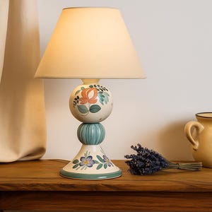 Hand Painted Swedish Ceramic Lamp – Folk Art Style Table Light – Vintage Scandinavian Pottery