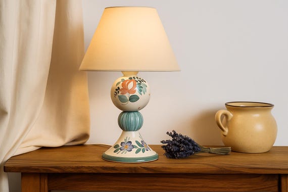 Hand Painted Swedish Ceramic Lamp – Folk Art Style Table Light – Vintage Scandinavian Pottery