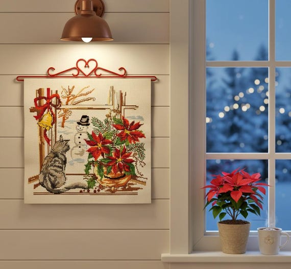 Vintage hand-embroidered Christmas wall hanging – cat and snowman cross stitch with poinsettias, handmade holiday decor