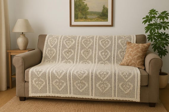 Vintage Crochet Lace Tablecloth – Handmade Heart Pattern Throw – Cottagecore Bedspread – Shabby Chic Decor
