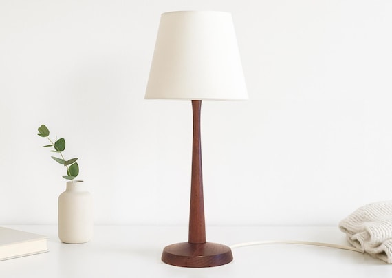 Vintage Scandinavian Teak Table Lamp with White Shade – Mid-Century Modern Design