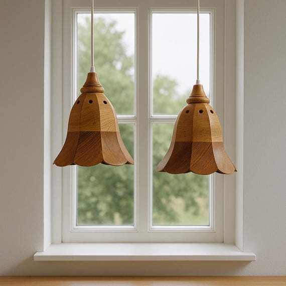 Pine Wood Hanging Lamp Pair: 1970s Scandinavian Pendant Lights
