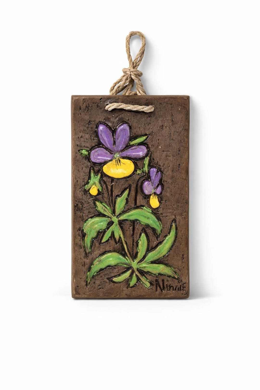 Ninnie Forsgren Ceramic Wall Hanging. Spring Pansy Viola Flowers