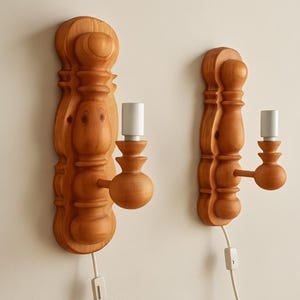 Vintage Pine Wood Wall Sconces: Scandinavian Retro Lamp Pair, 1970s