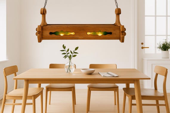 Rustic Scandinavian Pine Pendant Light – Handcrafted Ceiling Lamp with Green Glass