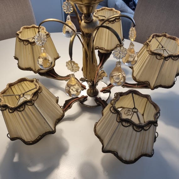 Vintage Bronze Chandelier Ceiling Light 5 Arms, Original Fabric Lampshade Cut Glass Droplets , Scandinavian Antique , Gustavian Chandelier