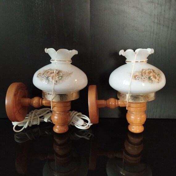 Scandinavian Pine Wood Wall Lamps with Floral Glass Shades - Vintage Pair of Rustic Cottage Light Fixtures , Mid Century Modern