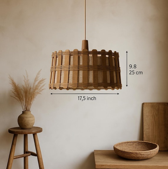 Scandinavian Vintage Pendant Light – Organic Fabric & Wooden Ceiling Lamp, Japandi Wabi-Sabi Eco Lighting