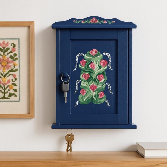Handpainted Key Cabinet Norwegian Folk Art Rosemaling Wall Key Holder Hanging Key Cabinet Nordic Scandinavian Farm Rustic Gift Free Shipping