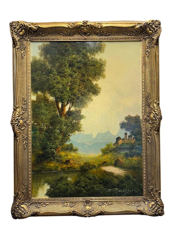 Vintage Oil Painting by Toni Bordignon – Romantic Landscape with Castle Ruins – Ornate Gilded Frame 1920s