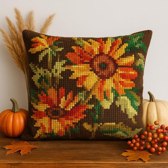 Vintage Scandinavian Embroidered Sunflower Pillow– Colorful Boho Home Decor