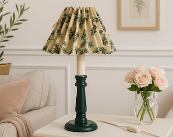 Mid-Century Modern Table Lamp: Green Beech Wood, Pleated Shade, 1970s Scandinavian Design