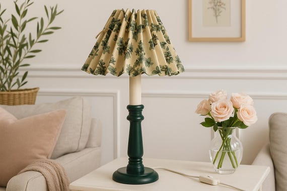 Rare Retro Lamp - Mid Century Modern Table Lamp - Green With Original Retro Pleated Shades 1970s Scandinavian Romantic Design