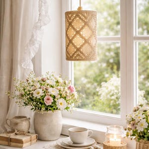 Lámpara colgante de encaje de ganchillo, Suecia, años 70, estilo cottagecore, lámpara de ventana, lámpara de techo bohemia
