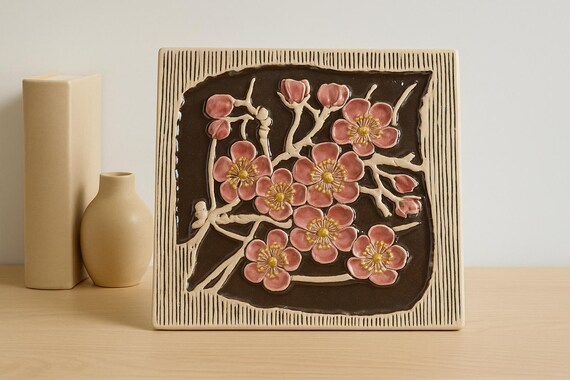 Gie Gantofta Sweden Wall Plaque – Pink Cherry Blossom Ceramic Art Tile – Scandinavian Vintage Decor