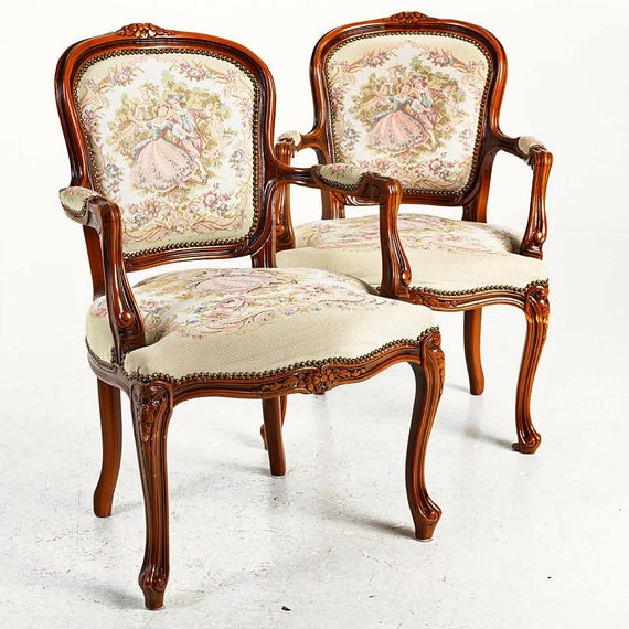 Antique French Louis XV pincushion armchair - hand-carved with shepherd scene and floral upholstery - 1 piece