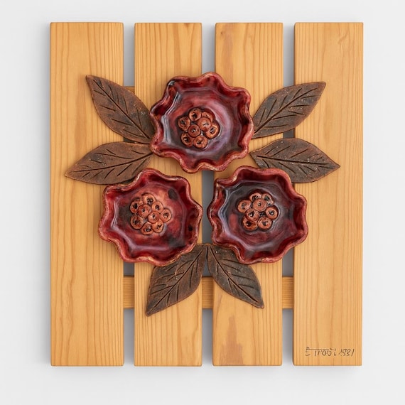 Swedish Wall Hanging Ceramic and Wood Floral Art – Signed Vintage Home Decor