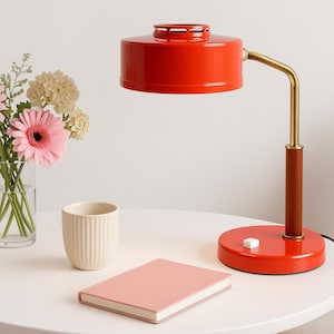 Vintage Orange Enamel Desk Lamp: 1970s Scandinavian Brass & Teak Table Light