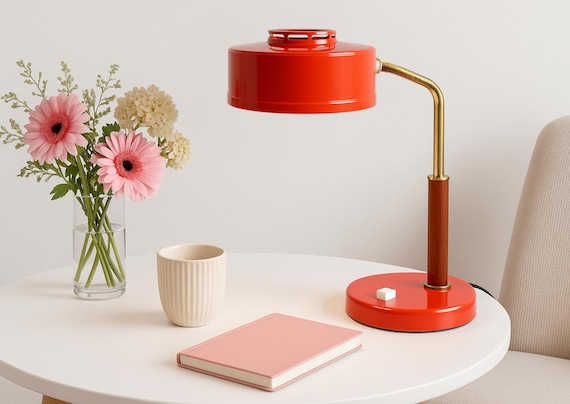 Vintage Mid Century Modern Orange Desk Lamp – 1970s Scandinavian Enamel, Brass & Teak Table Light