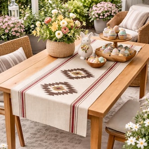 Handwoven Wool Table Runner Geometric Southwestern Kilim Style Cream Red Brown 150cm