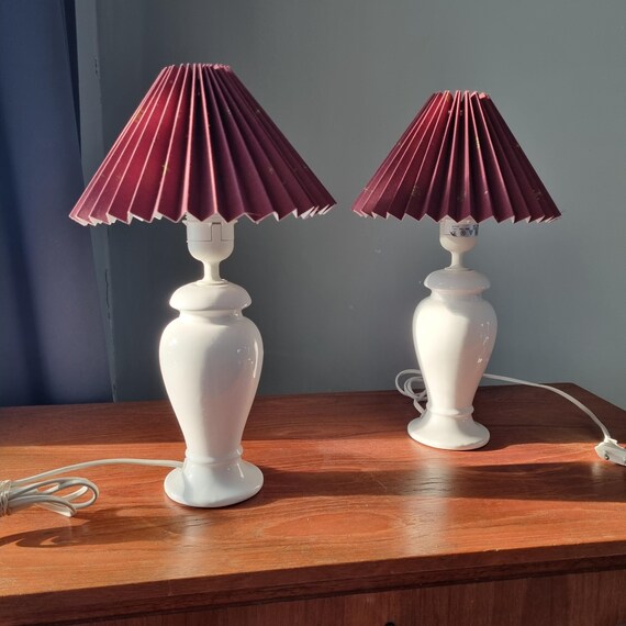 Mid Century Modern Porcelain Table Lamps, Scandinavian Home Decor, Burgundy Lampshades, Vintage Table Lamp