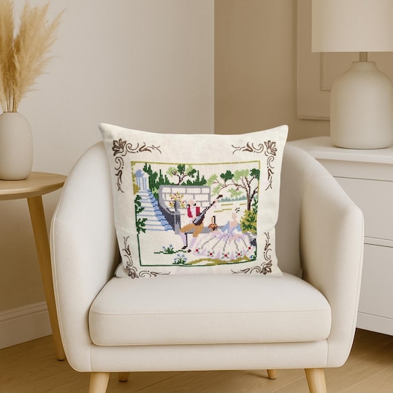 Vintage Hand Embroidered Needlepoint Pillow: Romantic Garden Scene