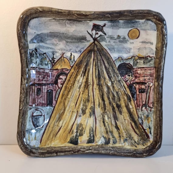 Scandinavian Mid-Century Pottery – Signed Glazed Wall Plate – Hand-Painted Rural Scene - Signed Studio Pottery