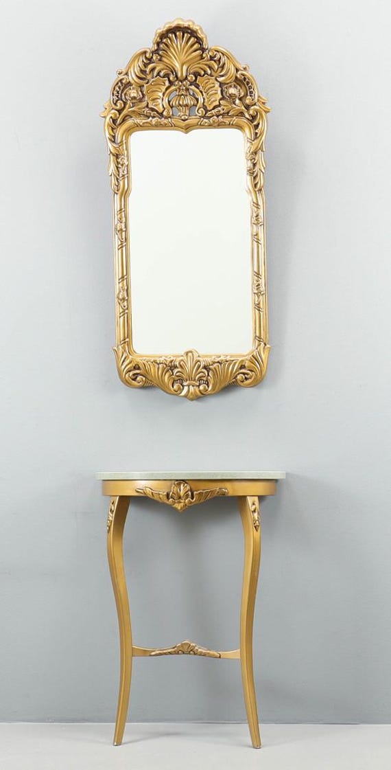 Vintage Rococo Style Console Table with Louis-Inspired Gold Accents and Marble Top - Includes Mirror Set, Luxury Design