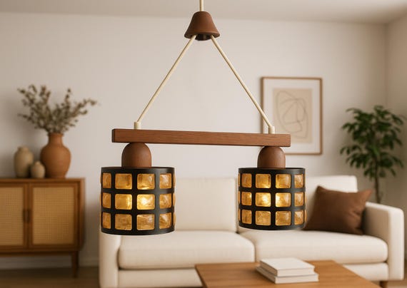 Vintage MCM Teak Pendant Light – Amber Glass & Wrought Iron – 1960s Scandinavian Ceiling Lamp