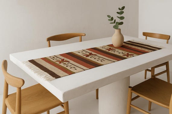 Vintage Swedish Allmoge Table Runner – Handwoven Rustic Floral Textile – Scandinavian Decor