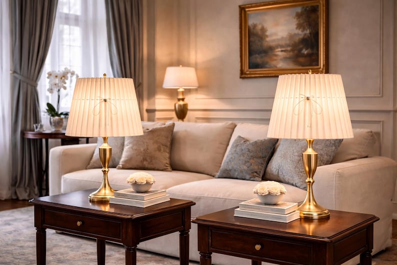 Op de afbeelding: Twee bijpassende tafellampen met geplooide kappen en gouden voetstukken staan op donkere houten bijzettafels voor een beige bank. Decoratieve kussens en een schilderij maken de elegante woonkamer compleet.