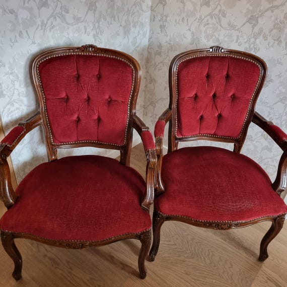 Antique French Louis XV Style Armchair - Red Velvet Upholstery and Hand-Carved Details - Available Individually or as a Pair
