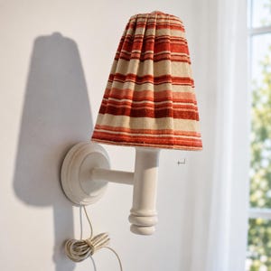 Wall Sconce with Striped Fabric Shade, White Turned Wood Swedish Wall Lamp, Pink Burgundy Pleated Shade, Scandinavian Bedside Reading Light