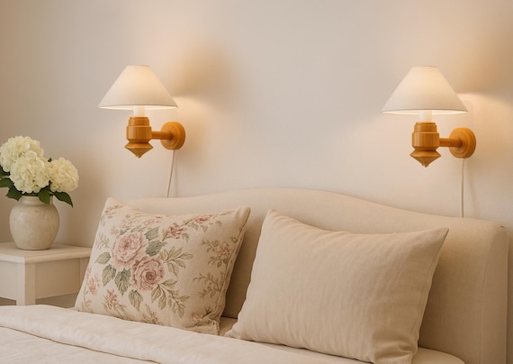 Vintage IKEA Pine Wall Lamps (Pair) – Mid Century Modern Scandinavian Wooden Nightstand Lamps