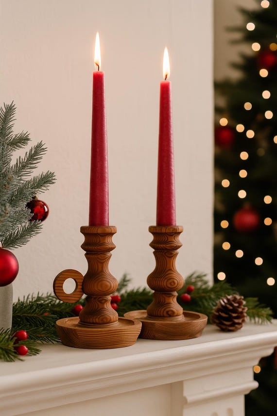 Vintage Scandinavian Pine Candle Holders – Rustic Hand-Turned Wood Pair – Nordic Farmhouse Decor – Wabi Sabi Christmas Styling