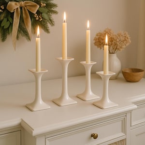 Vintage Porcelain Candle Holders Set of 4 – Minimalist White Taper Holders – Scandinavian Wabi Sabi Decor