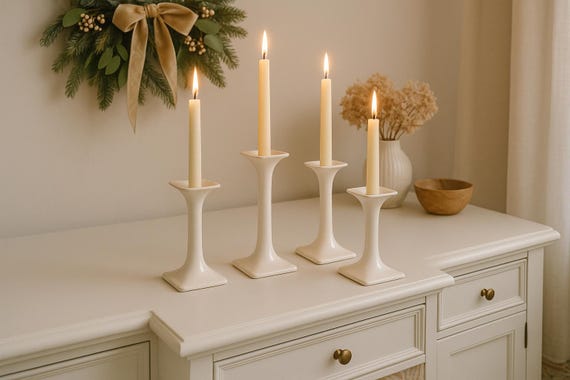 Vintage Porcelain Candle Holders Set of 4 – Minimalist White Taper Holders – Scandinavian Wabi Sabi Decor