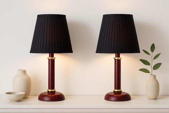 Rare pair Vintage Markslöjd Kinna Table Lamps - Scandinavian Design, Pinewood and Brass, Black Pleated Shades, Elegant Mid-Century Styl