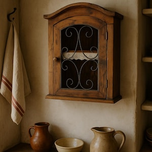 Antique Rustic Wood Wall Cabinet with Iron Door: Farmhouse Kitchen Storage