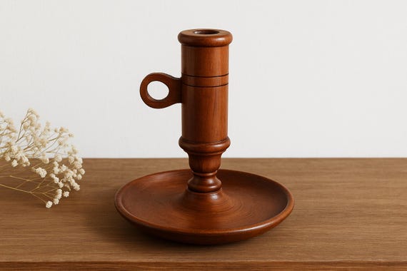 Vintage Wooden Chamberstick Candle Holder with Natural Patina – Rustic  Wood Candlestick with Finger Loop, Classic Farmhouse Decor