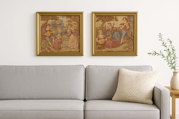 Romantic Tapestry Wall Art Pair – Vintage Framed Baroque-Style Needlepoint from Sweden