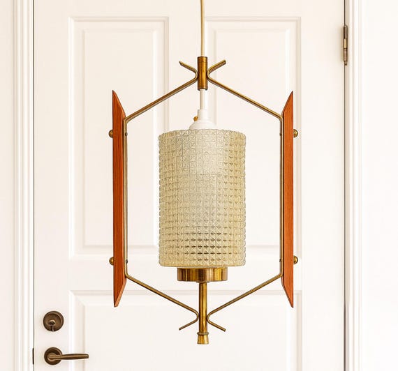 Scandinavian Mid Century Ceiling Lamp Teak and Brass , Milk Glass Shade 1960s 70s Indoor Outdoor