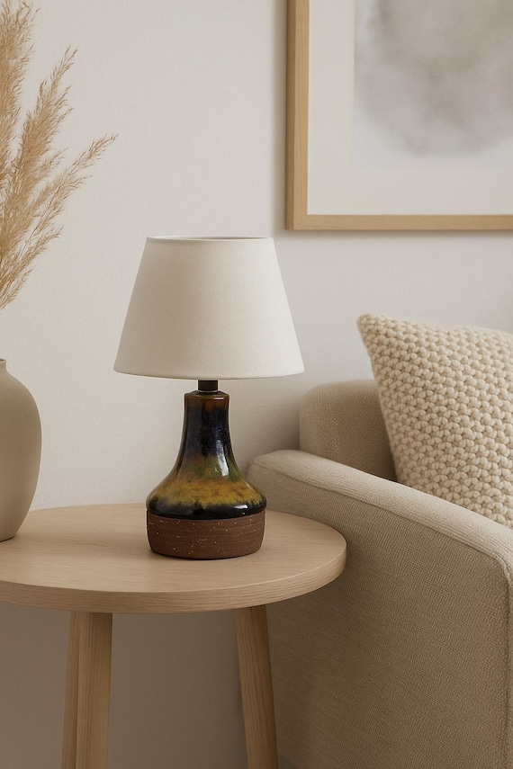 Vintage Brutalist Table Lamp – Ceramic Base with Scroll Pattern, Mid Century Modern Lighting