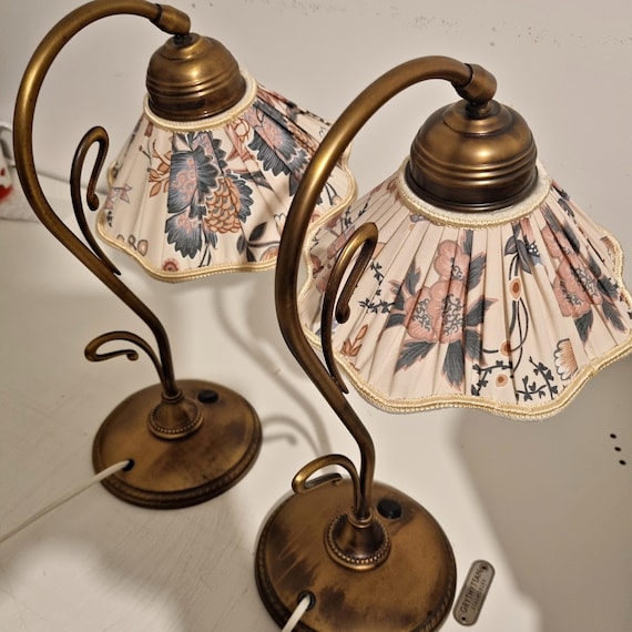 Mid-Century Scandinavian Brass Table Lamp Pair - Vintage Atelje Lyktan, Floral Fabric Shades, Antique Patina, Elegant Design, Extreme rarity