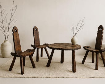 Brutalist Tripod Chairs and Table. Swedish Wabi-sabi Folk Art