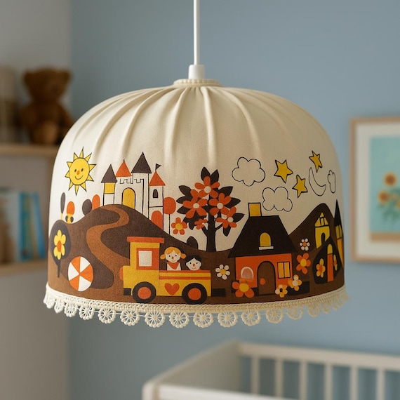 Ikea Vintage Retro Children's Room Lampshade with Castle and Train Print – Playful Scandinavian Design